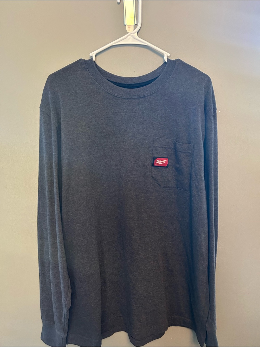 Men's Long Sleeve Pocket Tee in Charcoal with Red Patch